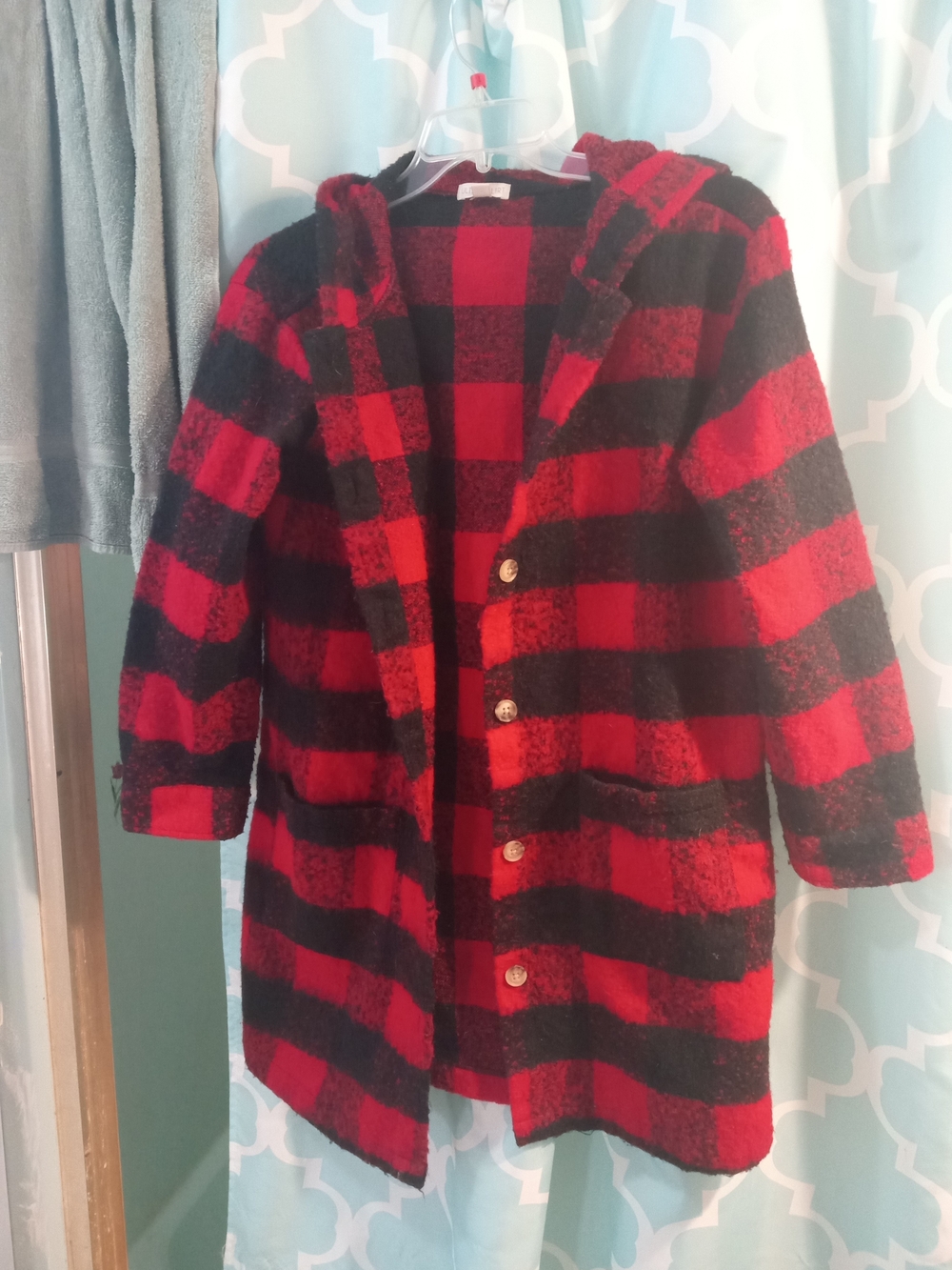 Women's Red and Black Plaid Hooded Coat